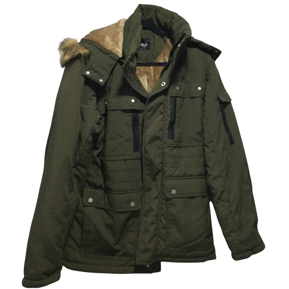 Men's Military Field Jacket with Faux Fur Trim - Olive